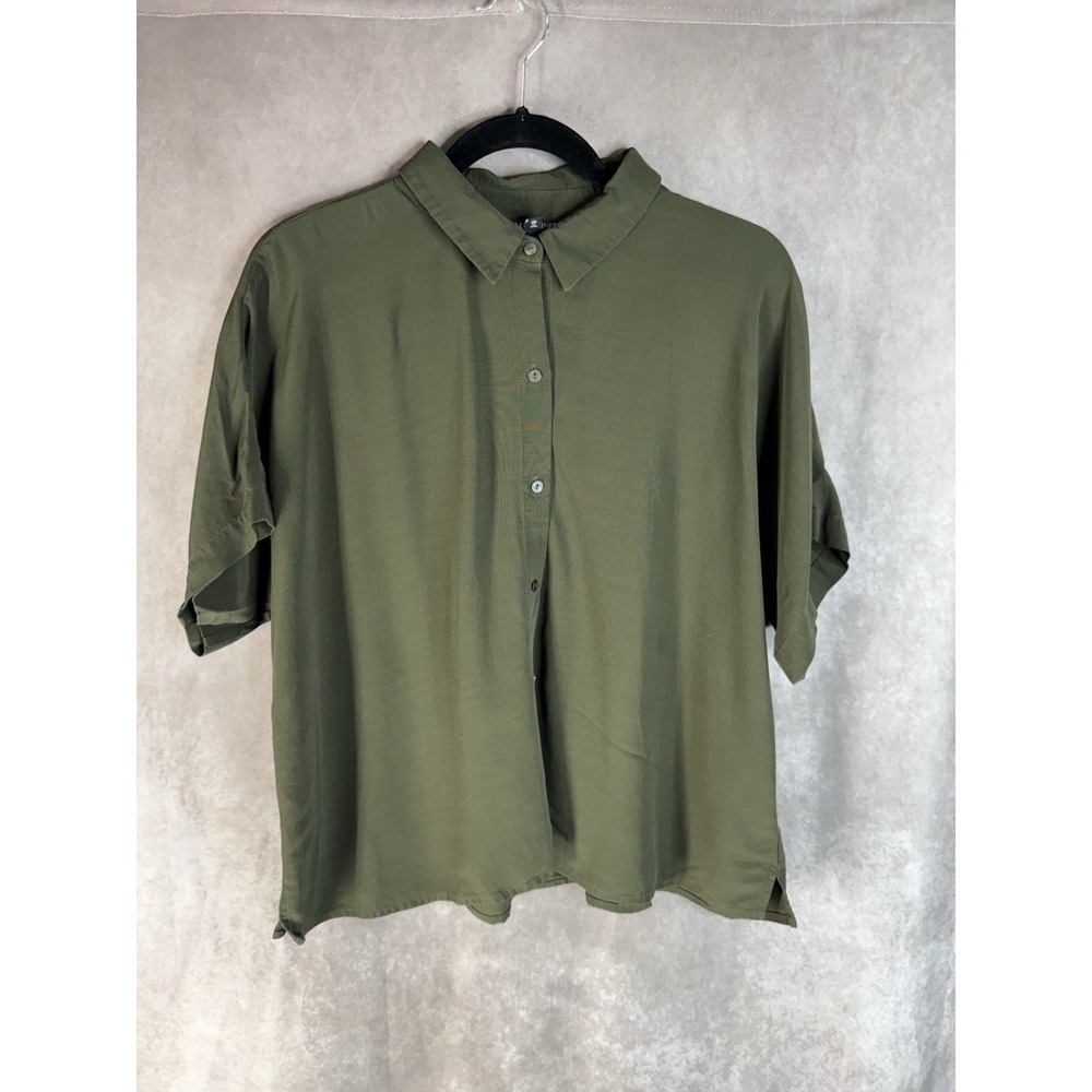 Eileen Fisher Tencel Boxy Button Down Blouse In Green Women's Size L